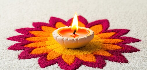 Decorative diya on colorful rangoli pattern with festive glow, 