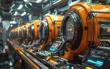 Aufkleber - A futuristic scene featuring a row of high-tech, orange machinery with glowing interfaces, set in a sleek, modern environment.