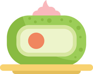 Sticker - Minimalist vector illustration of a green tea mochi cake on a wooden plate, isolated on a white background