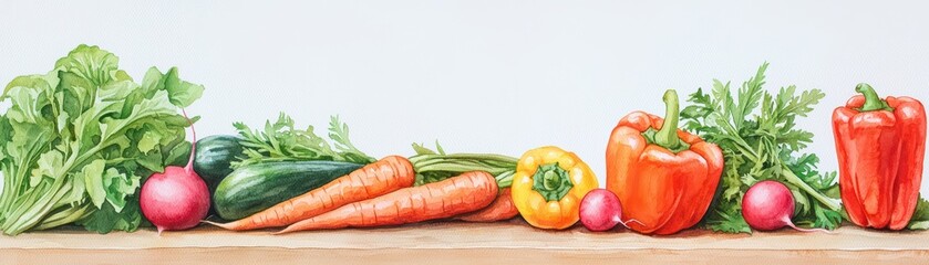 Fresh vegetables including peppers, carrots, and lettuce on a wooden surface, white isolated background.