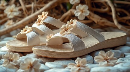 Summer white sandals with flower details, arranged elegantly on beige surface