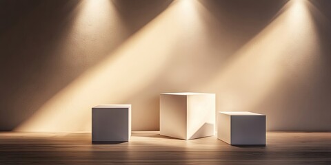 Sticker - Three white cubes are positioned on the floor, illuminated by spotlights that cast shadows, creating a minimalist interior design suitable for product display in 3D render.