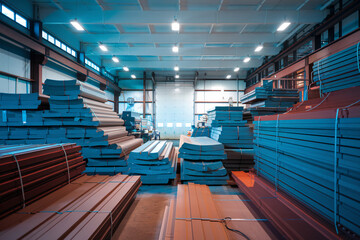 Industrial Warehouse with Stacks of Blue Metal Sheets. A spacious industrial warehouse filled with neatly stacked blue metal sheets.