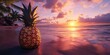© Studio - A pineapple rests on a picturesque tropical beach during the breathtaking moments of sunset, capturing the beauty of nature in that serene setting.