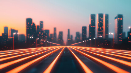 Urban skyline at sunset with illuminated road lines creating depth