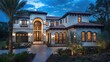 © Ayan - A beautiful, white, Mediterranean style home with a palm tree in the front yard.  The home is illuminated with soft light at dusk.