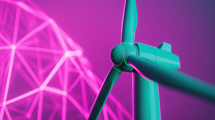 Wall Mural - Stylized wind turbine with glowing net zero markers in vibrant colors