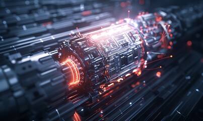 Fototapete - A futuristic, glowing mechanical component emits vibrant energy amidst a backdrop of sleek, metallic structures, evoking themes of advanced technology and innovation.