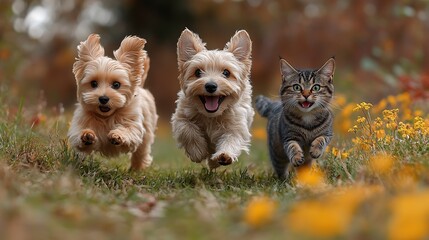 Three playful dogs and one cat running across grassy field, full of energy and joy