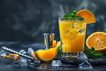 Wall Mural - Vodka and orange juice cocktail garnished with fruit and mint on a dark bar background with tools