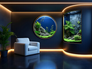 Modern interior design dark blue walls, LED lighting in floor and ceiling, shiny epoxy flooring and two custom built aquariums