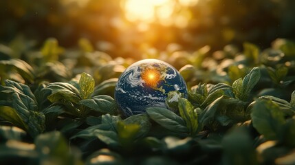 Wall Mural - miniature planet earth surrounded by lush greenery, symbolizing ecological balance and sustainabilit