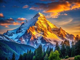 Wall Mural - Majestic Snow-Capped Mountain Peak at Golden Sunset â€“ Breathtaking Landscape Photography, Nature's Glory, Scenic Views, Travel Inspiration, Outdoor Adventure, and Natural Beauty