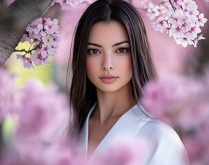 A beautiful woman wearing a white kimono stands under cherry blossoms, looking at the camera with an elegant and mysterious expression