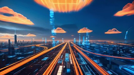 Futuristic city skyline with glowing orange cloud servers connected to skyscrapers, showing the concept of cloud computing and data transfer.