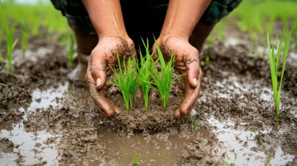 Farmer s hands gently holding rice seedlings in the field, mud and water visible, hands with rice seedlings, rural authenticity