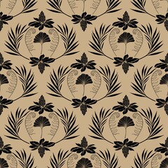 Color block floral seamless pattern with silhouettes of leaves, and flowers. Illustration for print, fabric, cover, packaging, interior decor, blog decoration and other your projects.