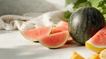 Slices of juicy watermelon are displayed next to a whole watermelon, illuminated beautifully by natural sunlight, enhancing the vibrant colors and freshness of the fruit.