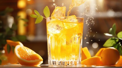 Wall Mural - ice orange juice pour