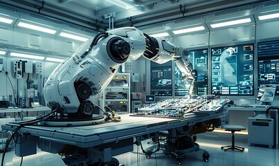 Aufkleber - A futuristic robotic arm operates in a high-tech laboratory with screens and advanced equipment, showcasing modern automation and technology innovation.