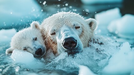 A nurturing polar bear mother gently cradles her cub as they swim through the frigid, icy waters of the Arctic, symbolizing warmth and care amidst harsh conditions.