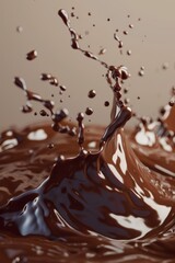 Dark chocolate splashing, frothy cream and rich cocoa particles, close up, textured background, luxury treat, food photography.