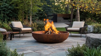 Dancing fire emanates from a blaze in a fire pit, creating a captivating spectacle of warmth and light. The dancing fire brings a cozy ambiance with ample photo style copy space.