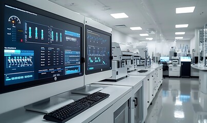 Aufkleber - A modern laboratory featuring advanced computers and monitors displaying data analytics and graphical interfaces on sleek desks.