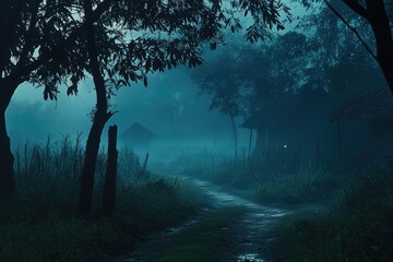 Poster - A Mystical Path Through a Foggy Forest with Silhouetted Structures