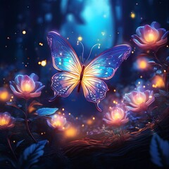 Wall Mural - glowing butterfly gracefully dances over luminous flowers in a magical nighttime forest