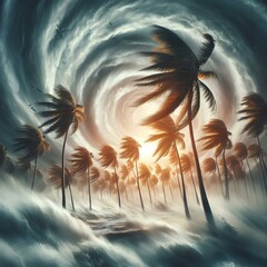Wall Mural - A powerful hurricane blows palm trees.