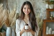© Rahul - Asia healthy beautiful blogger influencer showing plant-based protein whey product on her live streaming channel to viral marketing brand online in wellness group, Generative AI