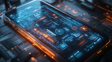 Futuristic smartphone display with high-tech interface and circuitry effects
