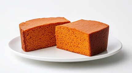 Two slices of traditional japanese castella cake on a white plate