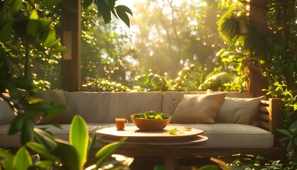 Poster - A serene, sunlit seating area surrounded by lush greenery, featuring a cozy couch and a table with a bowl of fresh fruit.