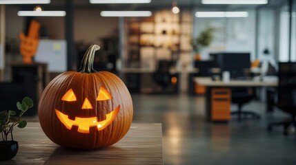 A cheerful Halloween pumpkin with a carved face glowing in a modern office setting.