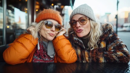 Two stylish women, dressed in chic winter attire, pose confidently at a café table, showcasing their fashionable looks amidst a bustling urban environment.