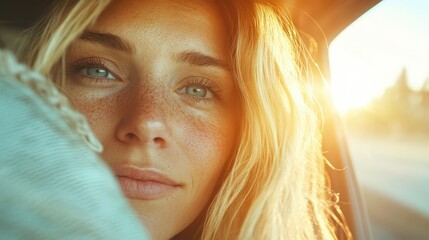 A close-up portrait of a smiling woman enjoying the warmth of the golden sunlight streaming through a car window, highlighting her joyful expression and serene mood.