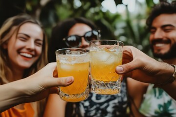 A group of friends toasting with shots of mezcal. 