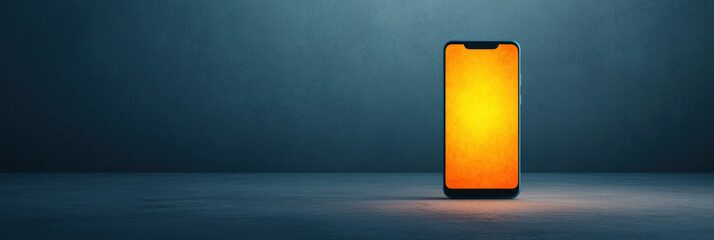 Wall Mural - glowing smartphone mockup stands against textured wall, showcasing vibrant orange screen. minimalist design emphasizes modern technology and creativity