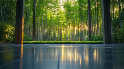 Serene Bamboo Forest Pathway with Parking Area and Brick Road for Automotive Advertising