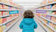 © Pui - A child in a grocery aisle deciding between healthy and snack options, showcasing the choices available for mindful eating.