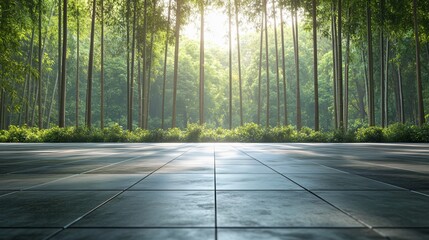 Serene Bamboo Forest Pathway with Parking Area and Brick Road for Automotive Advertising