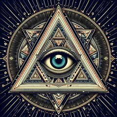 All-seeing eye within sacred geometry Illuminati triangle design.