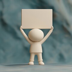 A minimalist clay figure raises a blank sign above its head, ready for customization. This versatile visual can convey various messages effectively.