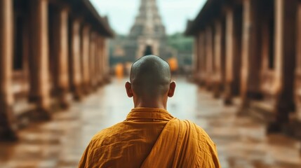 A monk in traditional orange robes stands with his back to the camera, meditating in a peaceful ancient temple corridor, representing tranquility and spiritual reflection.