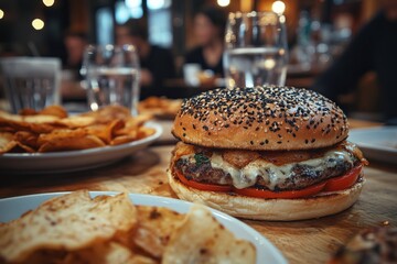 Wall Mural - Delicious cheeseburger with crispy potatoes served in a cozy restaurant setting during dinner