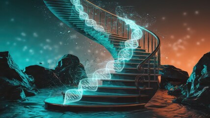 A conceptual image showcasing a spiral staircase transforming into DNA helix as a metaphor for business evolution and strategic growth, symbolizing the genetic code of successful innovation and progre