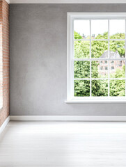 Bright and spacious empty room with large window revealing a green view in a modern home