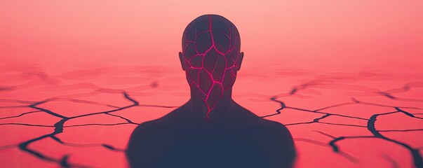 Silhouette of a person with a cracked head, abstract emotions in a surreal landscape.